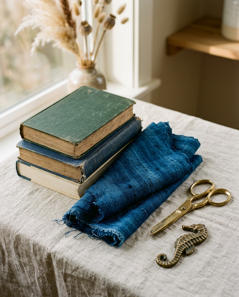 Books, indigo silk, brass scissors and a small brass seahorse on a linen covered table