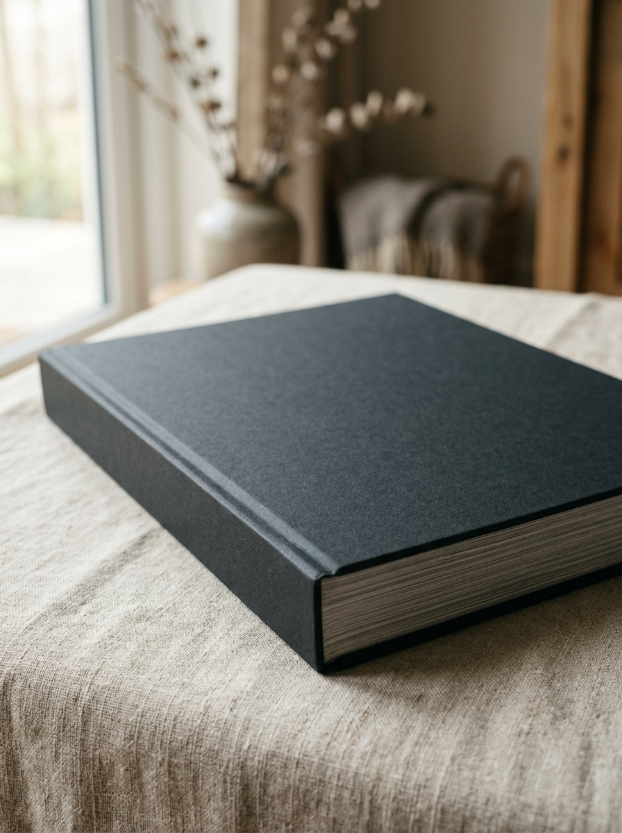 Large format photographic coffee table book resting on linen