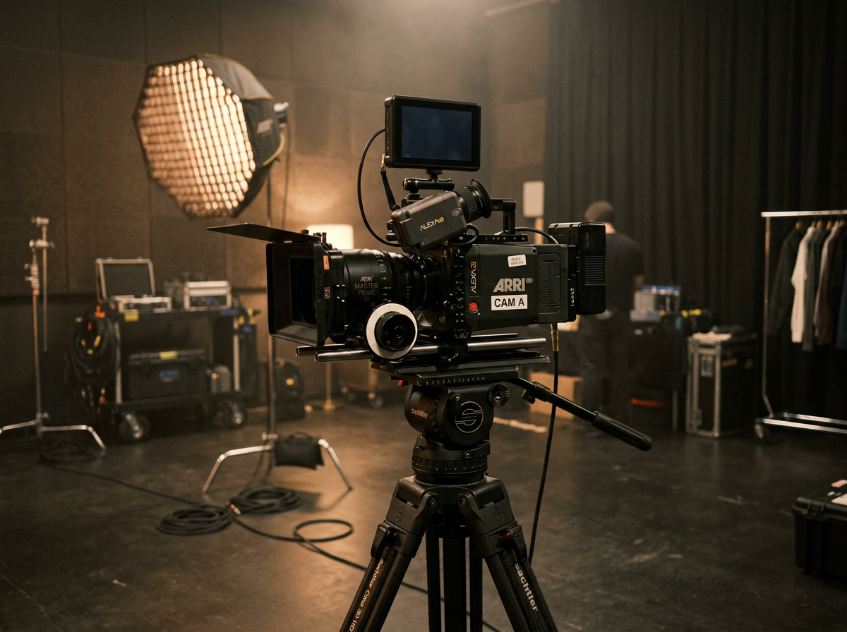 Cinema camera on a tripod in a studio