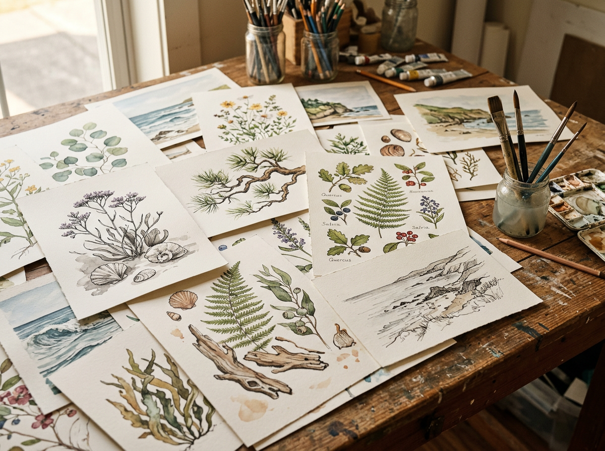 Hand painted illustration prints spread across a studio table