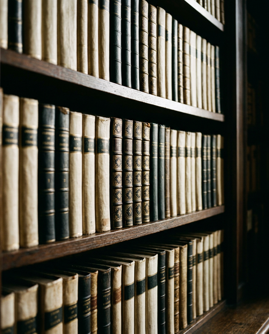 A library shelf of cream and dark book spines in warm light