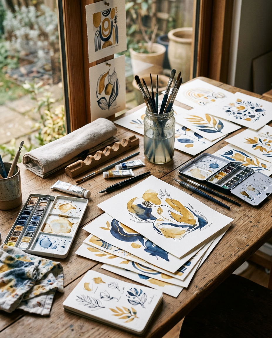 An artist desk covered with watercolour illustrations in gold and indigo