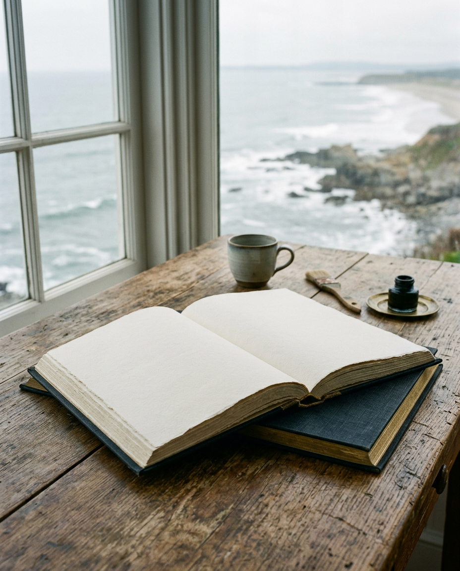 An open book with blank handmade pages on a wooden table by an ocean window